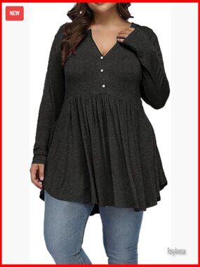 Plus Size Long Sleeve Henley Tunic Blouse Flowy Dressy Casual